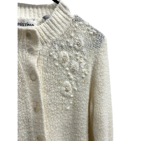 Vintage Cristina Ivory Knit Cardigan With Floral Embroidery and Pearl Accents SZ - Picture 4 of 8
